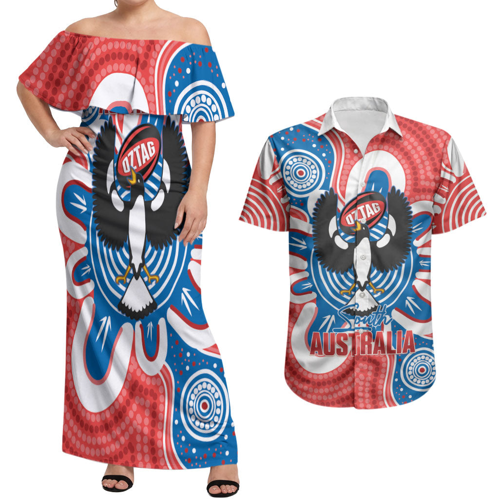South Australia Oztag Custom Couples Matching Off Shoulder Maxi Dress and Hawaiian Shirt SA Piping Shrike Indigenous Art