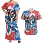South Australia Oztag Custom Couples Matching Off Shoulder Maxi Dress and Hawaiian Shirt SA Piping Shrike Indigenous Art