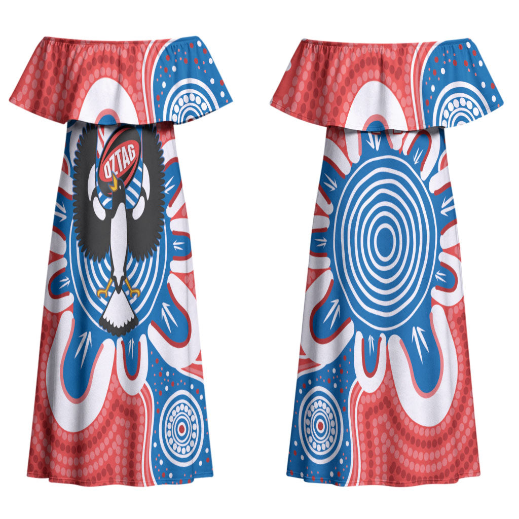 South Australia Oztag Custom Couples Matching Off Shoulder Maxi Dress and Hawaiian Shirt SA Piping Shrike Indigenous Art