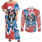 South Australia Oztag Custom Couples Matching Off Shoulder Maxi Dress and Long Sleeve Button Shirt SA Piping Shrike Indigenous Art