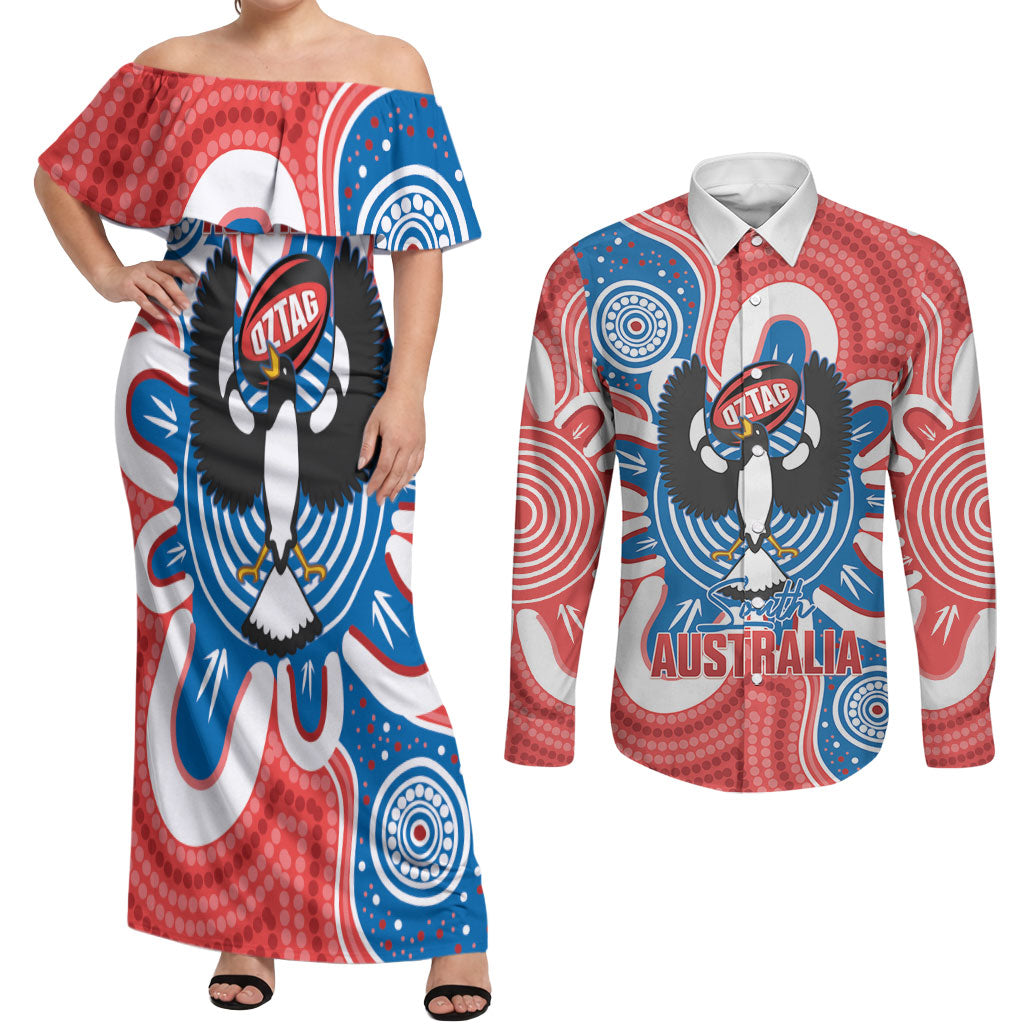 South Australia Oztag Custom Couples Matching Off Shoulder Maxi Dress and Long Sleeve Button Shirt SA Piping Shrike Indigenous Art