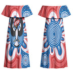 South Australia Oztag Custom Couples Matching Off Shoulder Maxi Dress and Long Sleeve Button Shirt SA Piping Shrike Indigenous Art