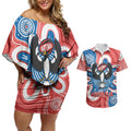 South Australia Oztag Custom Couples Matching Off Shoulder Short Dress and Hawaiian Shirt SA Piping Shrike Indigenous Art
