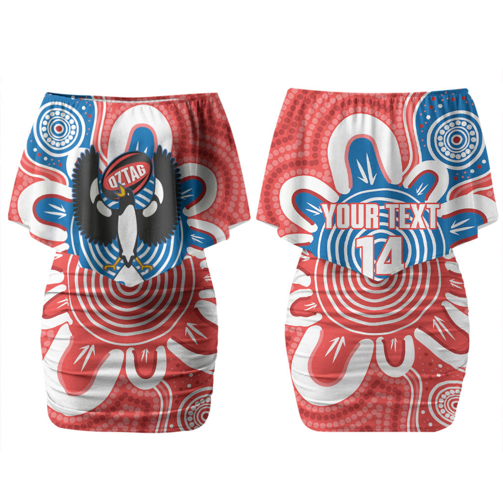 South Australia Oztag Custom Couples Matching Off Shoulder Short Dress and Hawaiian Shirt SA Piping Shrike Indigenous Art