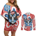 South Australia Oztag Custom Couples Matching Off Shoulder Short Dress and Long Sleeve Button Shirt SA Piping Shrike Indigenous Art