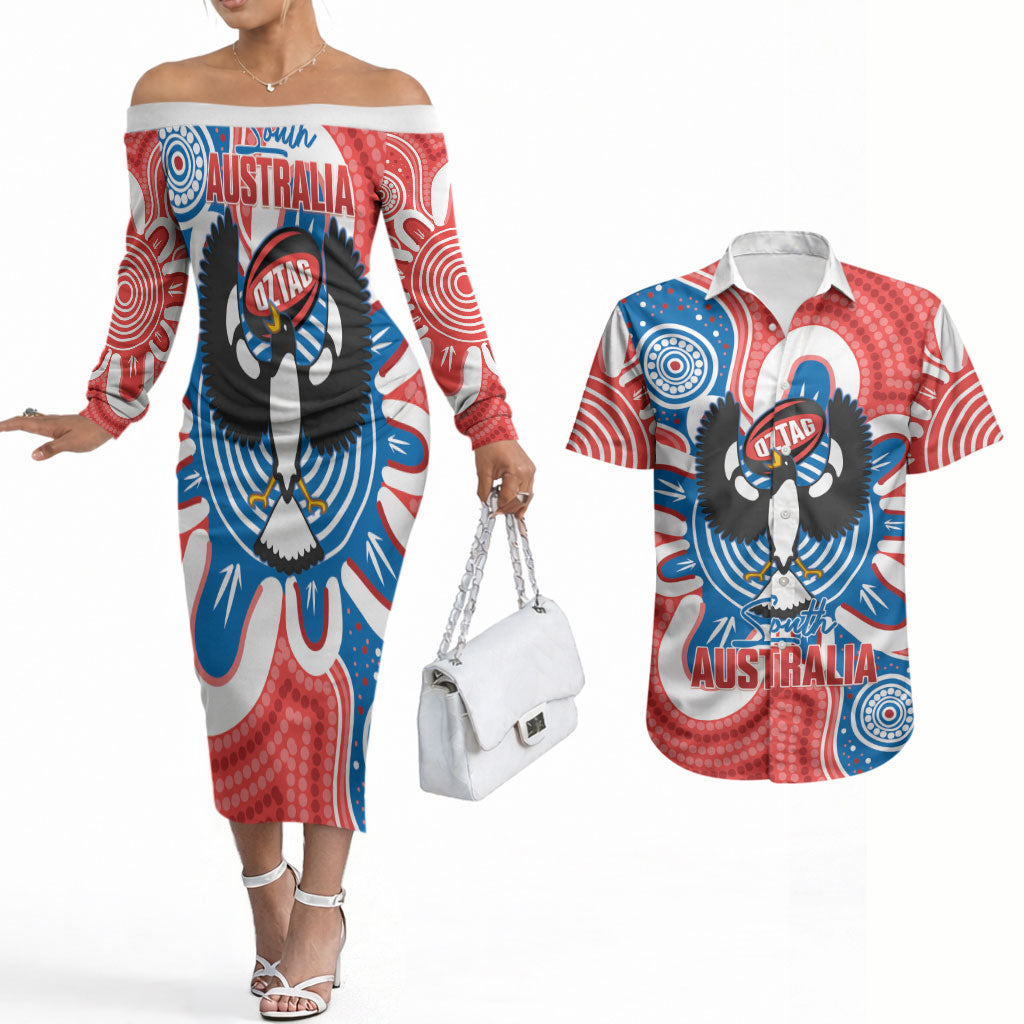 South Australia Oztag Custom Couples Matching Off The Shoulder Long Sleeve Dress and Hawaiian Shirt SA Piping Shrike Indigenous Art