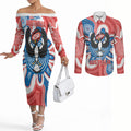 South Australia Oztag Custom Couples Matching Off The Shoulder Long Sleeve Dress and Long Sleeve Button Shirt SA Piping Shrike Indigenous Art