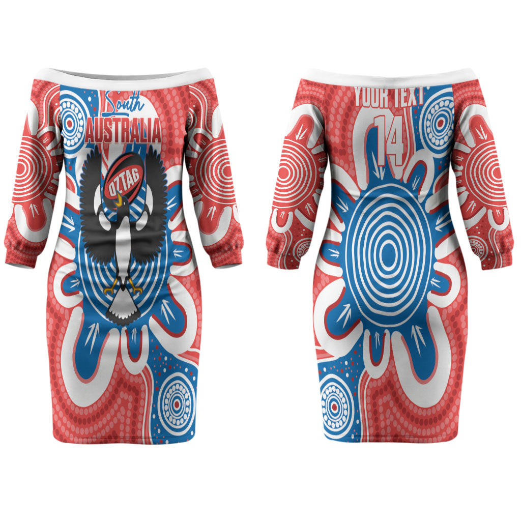 South Australia Oztag Custom Couples Matching Off The Shoulder Long Sleeve Dress and Long Sleeve Button Shirt SA Piping Shrike Indigenous Art