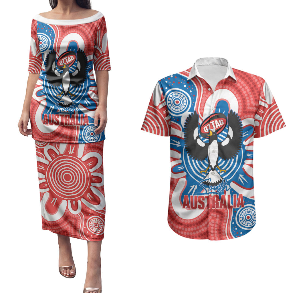 South Australia Oztag Custom Couples Matching Puletasi and Hawaiian Shirt SA Piping Shrike Indigenous Art