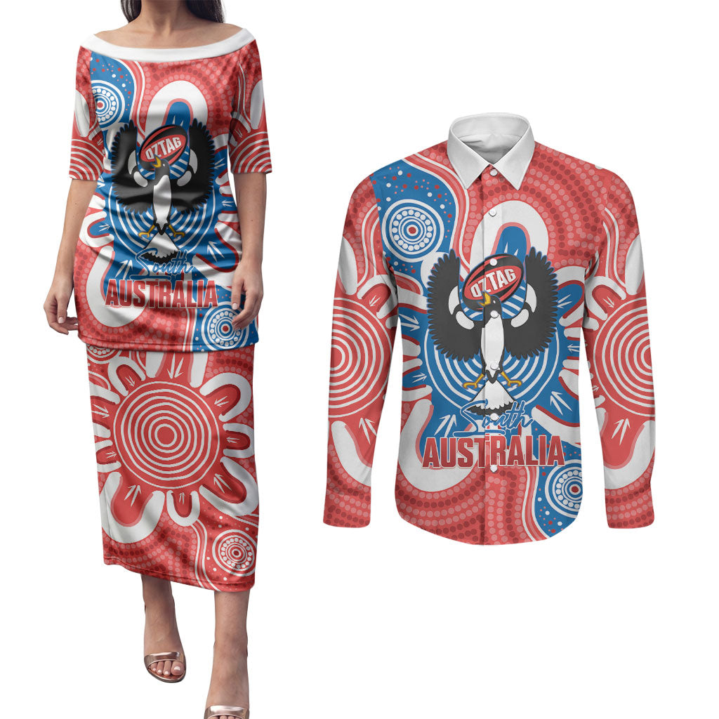 South Australia Oztag Custom Couples Matching Puletasi and Long Sleeve Button Shirt SA Piping Shrike Indigenous Art