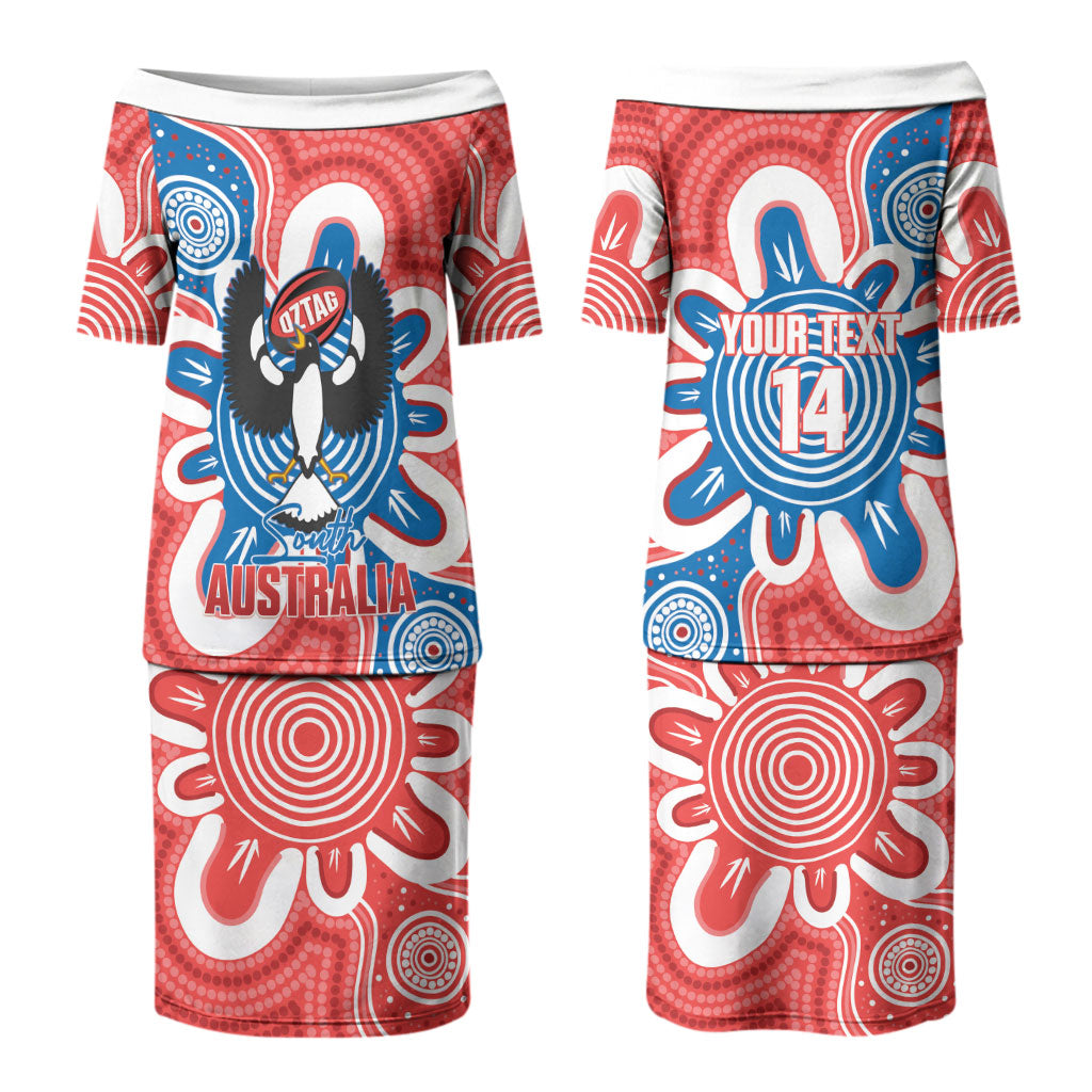 South Australia Oztag Custom Couples Matching Puletasi and Long Sleeve Button Shirt SA Piping Shrike Indigenous Art