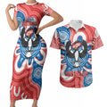 South Australia Oztag Custom Couples Matching Short Sleeve Bodycon Dress and Hawaiian Shirt SA Piping Shrike Indigenous Art