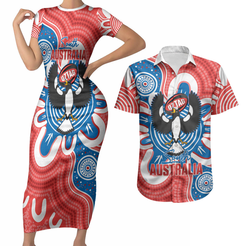 South Australia Oztag Custom Couples Matching Short Sleeve Bodycon Dress and Hawaiian Shirt SA Piping Shrike Indigenous Art