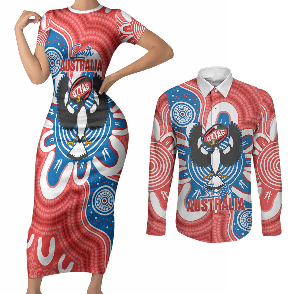 South Australia Oztag Custom Couples Matching Short Sleeve Bodycon Dress and Long Sleeve Button Shirt SA Piping Shrike Indigenous Art