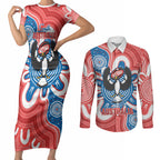 South Australia Oztag Custom Couples Matching Short Sleeve Bodycon Dress and Long Sleeve Button Shirt SA Piping Shrike Indigenous Art