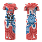 South Australia Oztag Custom Couples Matching Short Sleeve Bodycon Dress and Long Sleeve Button Shirt SA Piping Shrike Indigenous Art