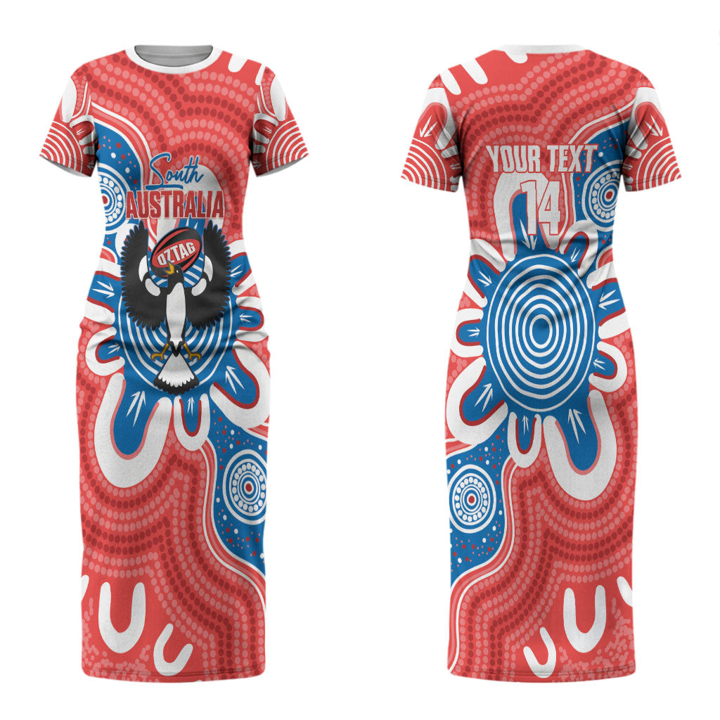 South Australia Oztag Custom Couples Matching Short Sleeve Bodycon Dress and Long Sleeve Button Shirt SA Piping Shrike Indigenous Art