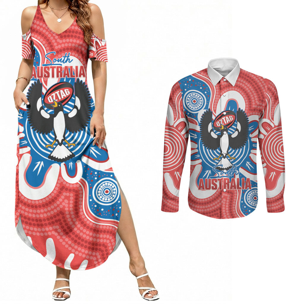 South Australia Oztag Custom Couples Matching Summer Maxi Dress and Long Sleeve Button Shirt SA Piping Shrike Indigenous Art