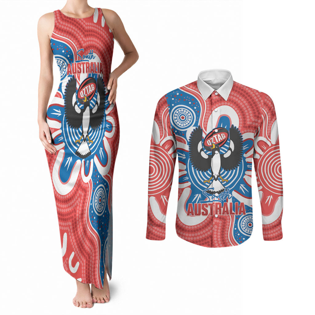South Australia Oztag Custom Couples Matching Tank Maxi Dress and Long Sleeve Button Shirt SA Piping Shrike Indigenous Art