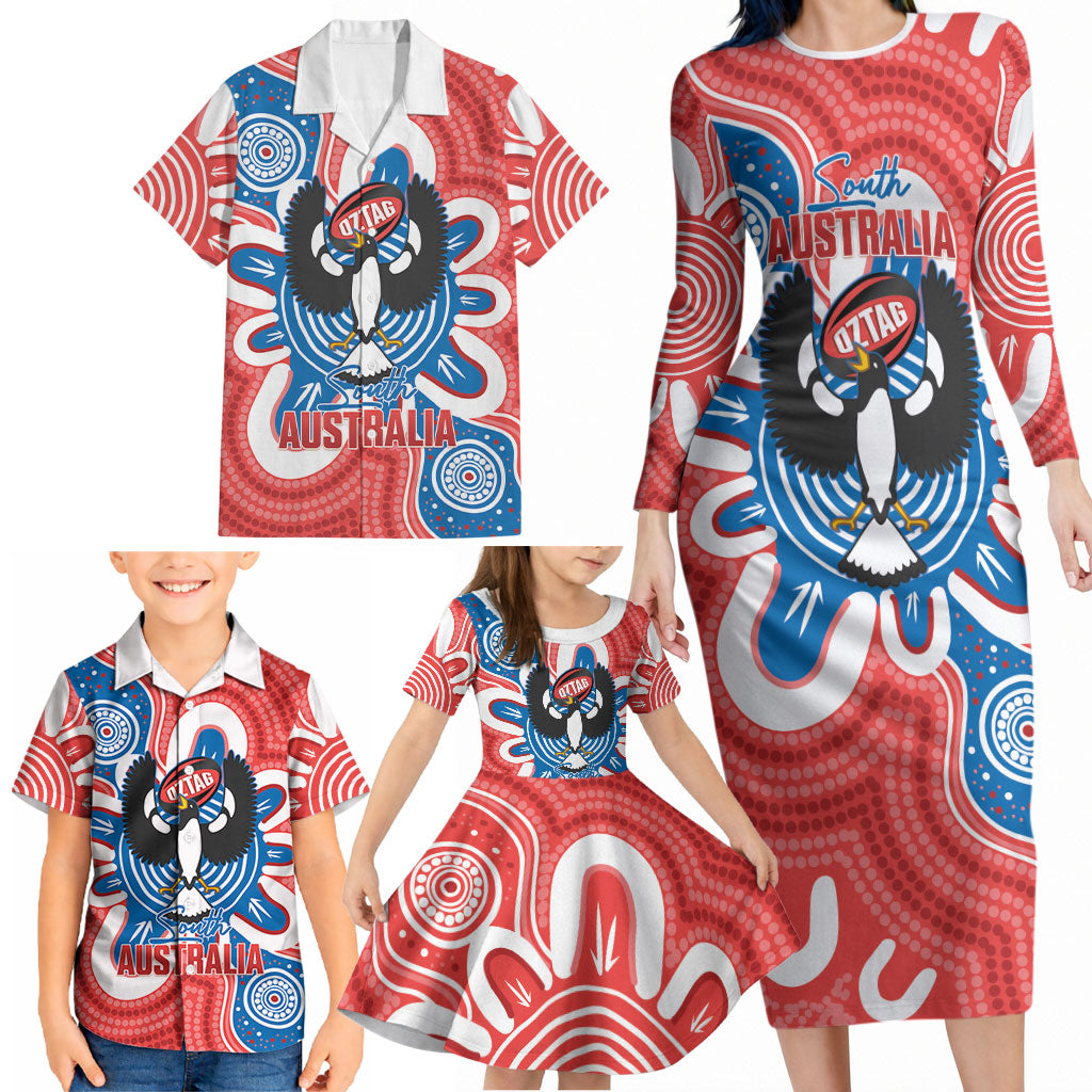 South Australia Oztag Custom Family Matching Long Sleeve Bodycon Dress and Hawaiian Shirt SA Piping Shrike Indigenous Art