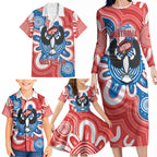 South Australia Oztag Custom Family Matching Long Sleeve Bodycon Dress and Hawaiian Shirt SA Piping Shrike Indigenous Art