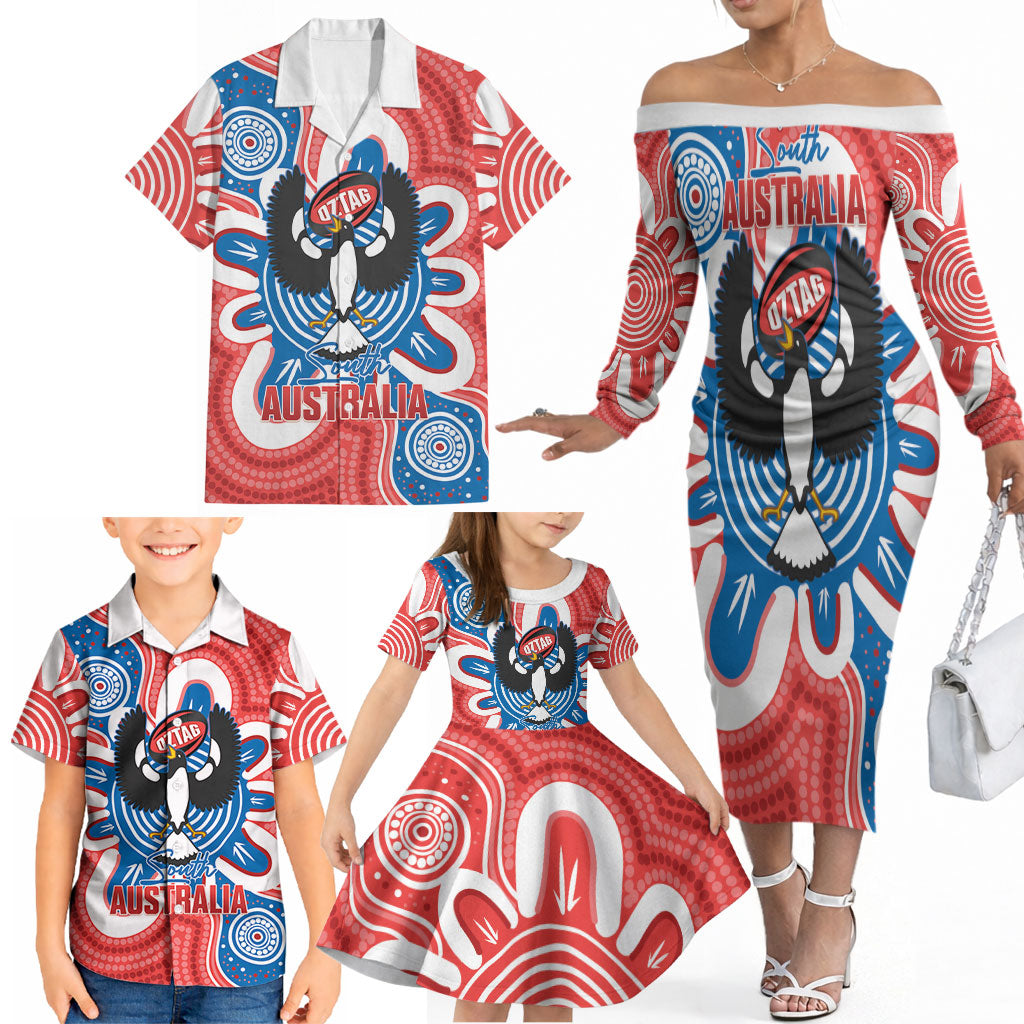 South Australia Oztag Custom Family Matching Off The Shoulder Long Sleeve Dress and Hawaiian Shirt SA Piping Shrike Indigenous Art