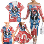 South Australia Oztag Custom Family Matching Off The Shoulder Long Sleeve Dress and Hawaiian Shirt SA Piping Shrike Indigenous Art