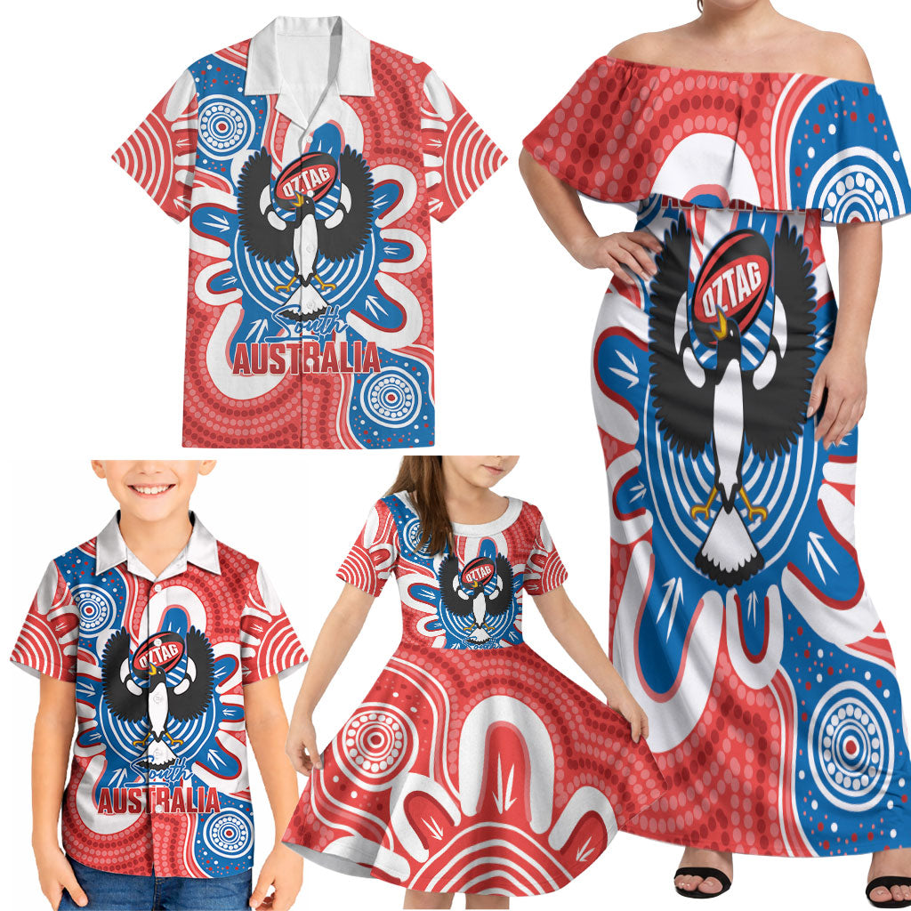 South Australia Oztag Custom Family Matching Off Shoulder Maxi Dress and Hawaiian Shirt SA Piping Shrike Indigenous Art