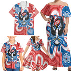 South Australia Oztag Custom Family Matching Off Shoulder Maxi Dress and Hawaiian Shirt SA Piping Shrike Indigenous Art