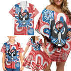 South Australia Oztag Custom Family Matching Off Shoulder Short Dress and Hawaiian Shirt SA Piping Shrike Indigenous Art