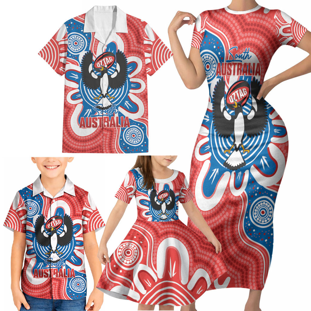 South Australia Oztag Custom Family Matching Short Sleeve Bodycon Dress and Hawaiian Shirt SA Piping Shrike Indigenous Art