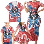South Australia Oztag Custom Family Matching Short Sleeve Bodycon Dress and Hawaiian Shirt SA Piping Shrike Indigenous Art