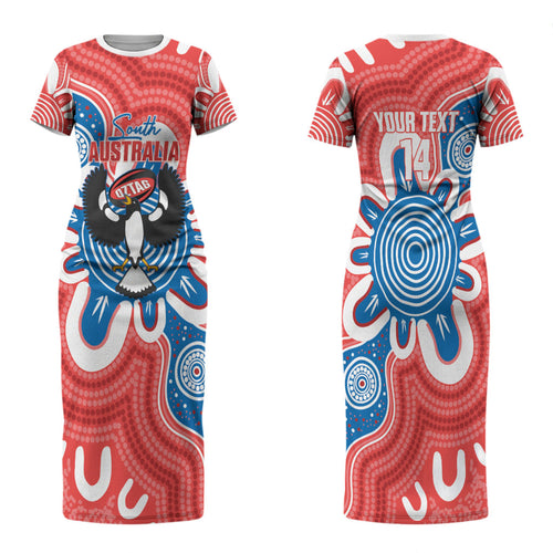 South Australia Oztag Custom Family Matching Short Sleeve Bodycon Dress and Hawaiian Shirt SA Piping Shrike Indigenous Art