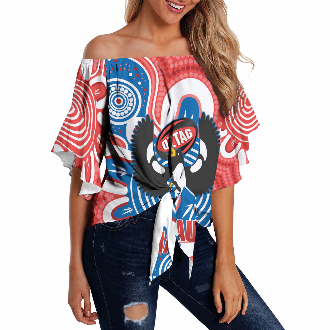 South Australia Oztag Custom Off Shoulder Wrap Waist Top SA Piping Shrike Indigenous Art