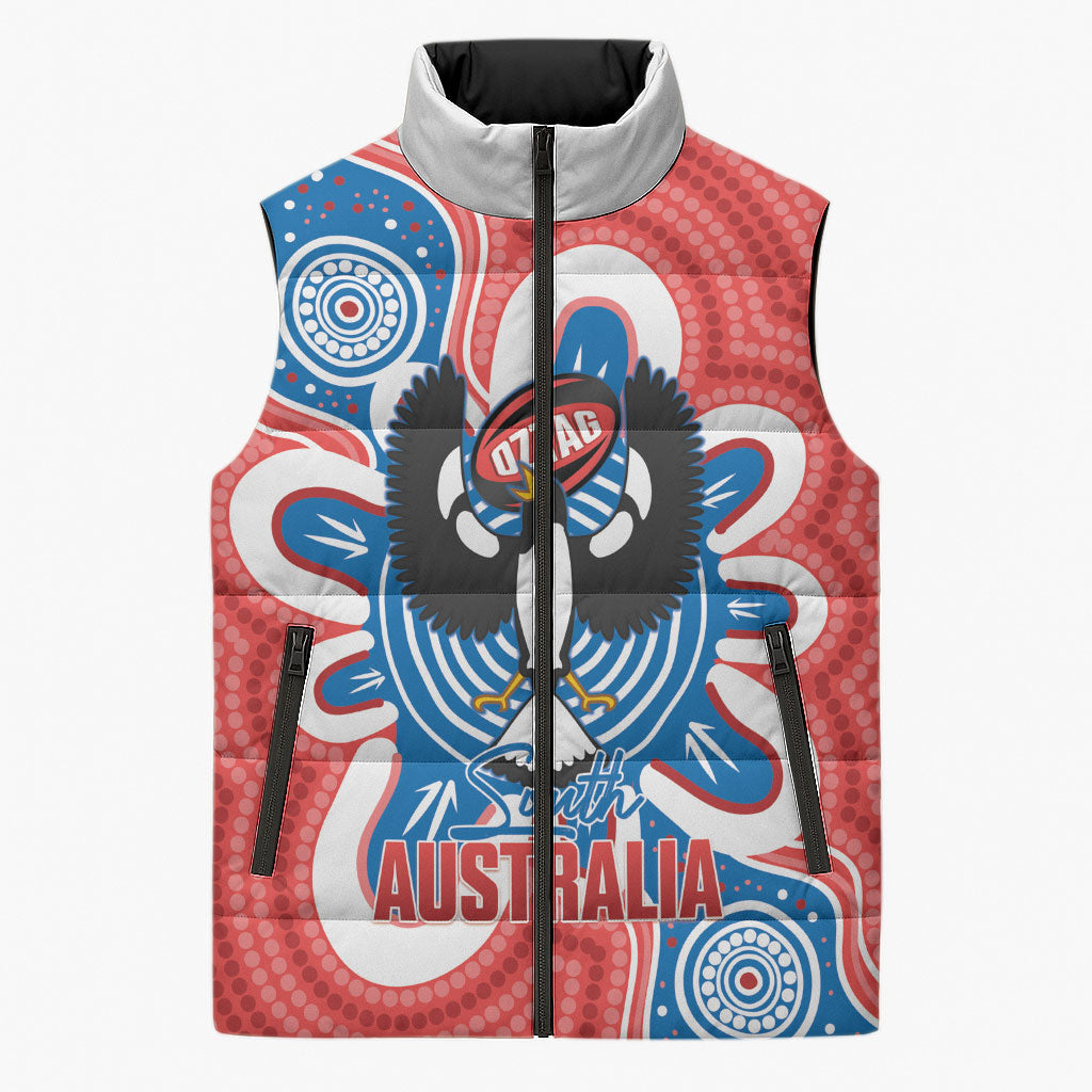 South Australia Oztag Custom Sleeveless Puffer Jacket SA Piping Shrike Indigenous Art