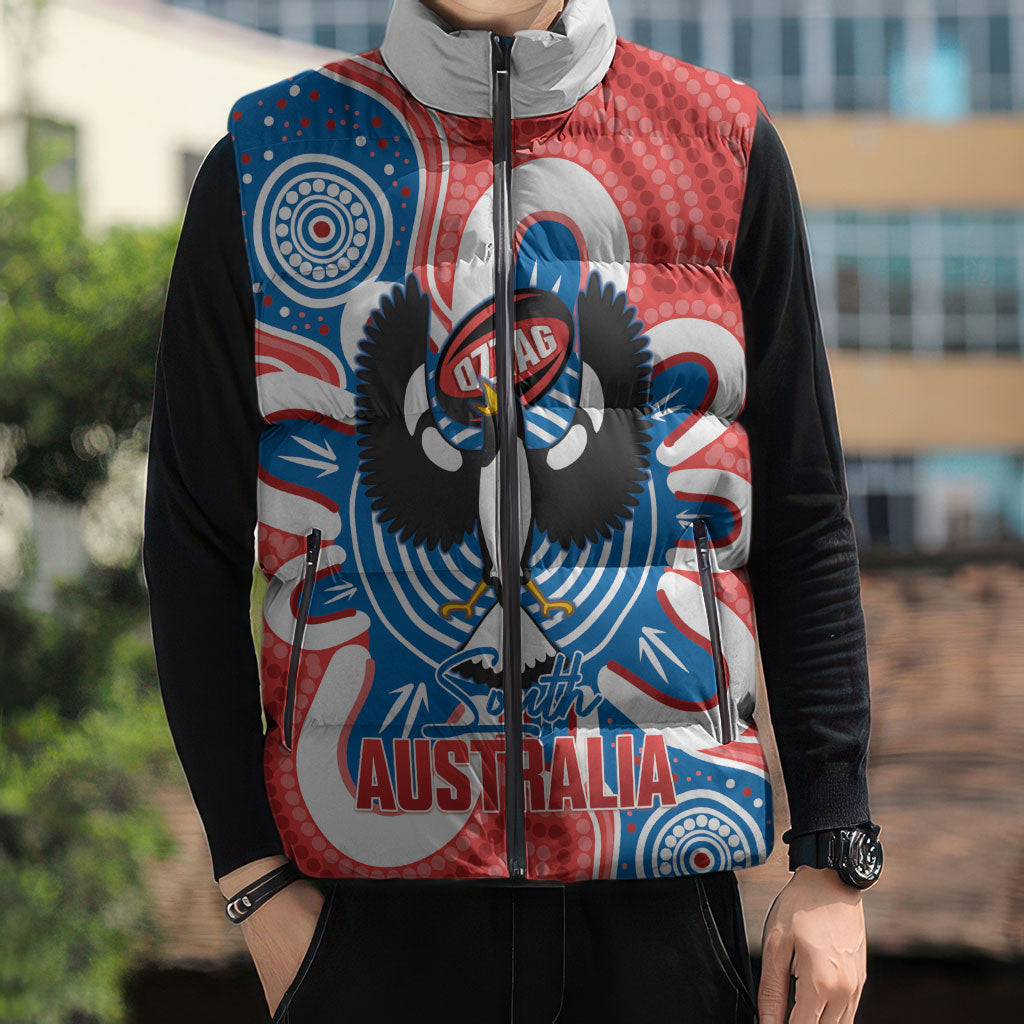 South Australia Oztag Custom Sleeveless Puffer Jacket SA Piping Shrike Indigenous Art