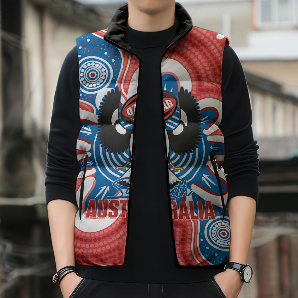 South Australia Oztag Custom Sleeveless Puffer Jacket SA Piping Shrike Indigenous Art
