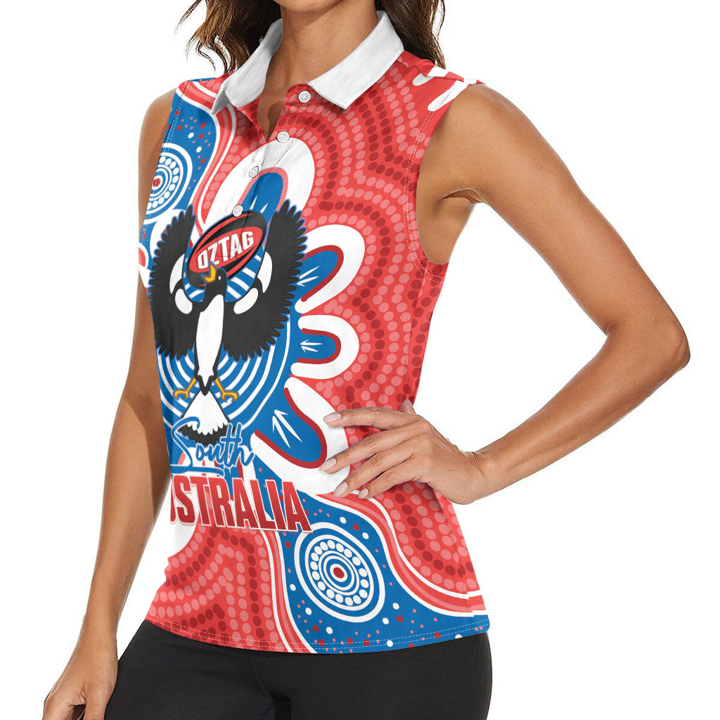 South Australia Oztag Custom Women Sleeveless Polo Shirt SA Piping Shrike Indigenous Art
