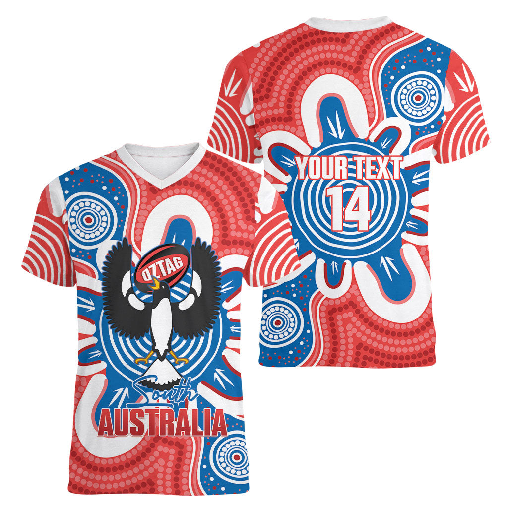 South Australia Oztag Custom Women V-Neck T-Shirt SA Piping Shrike Indigenous Art