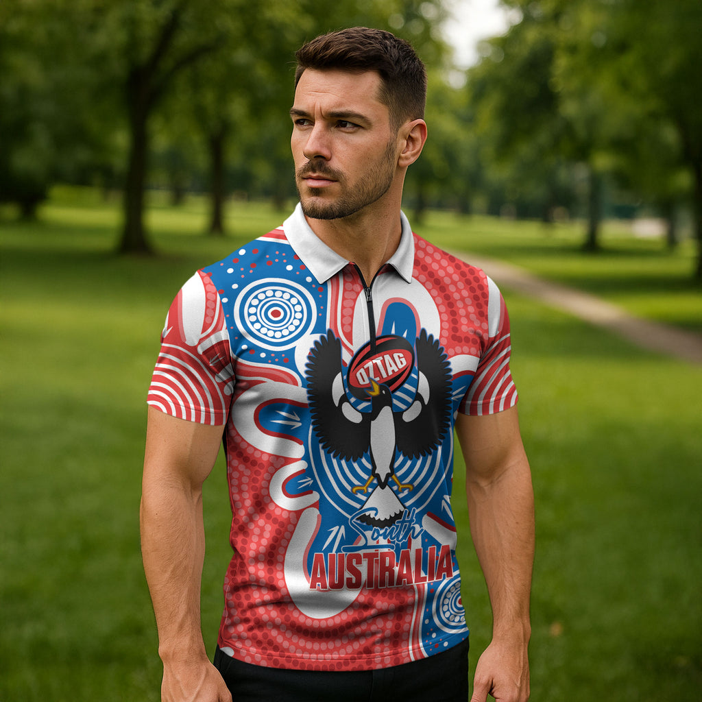 South Australia Oztag Custom Zipper Polo Shirt SA Piping Shrike Indigenous Art