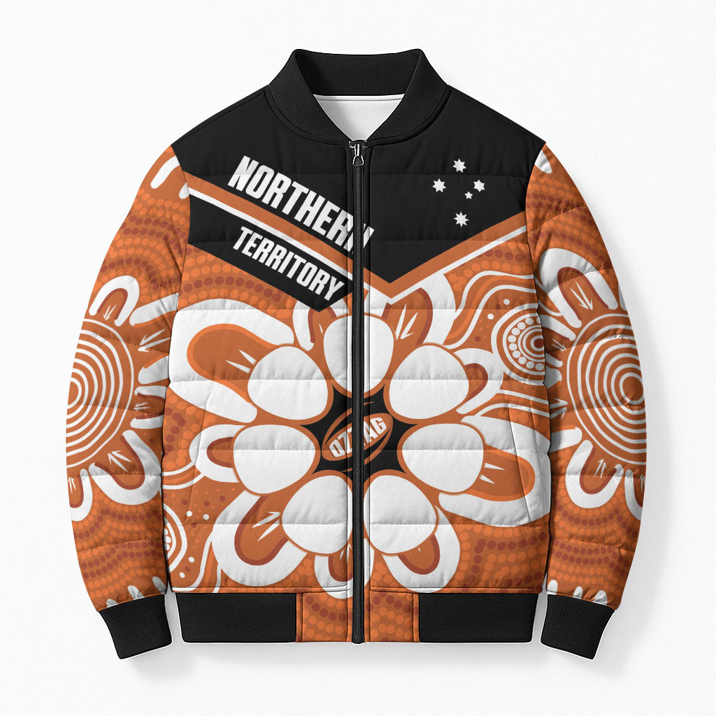 Northern Territory Oztag Custom Bomber Puffer Jacket Seven-Petaled Rose Emblem Indigenous Art