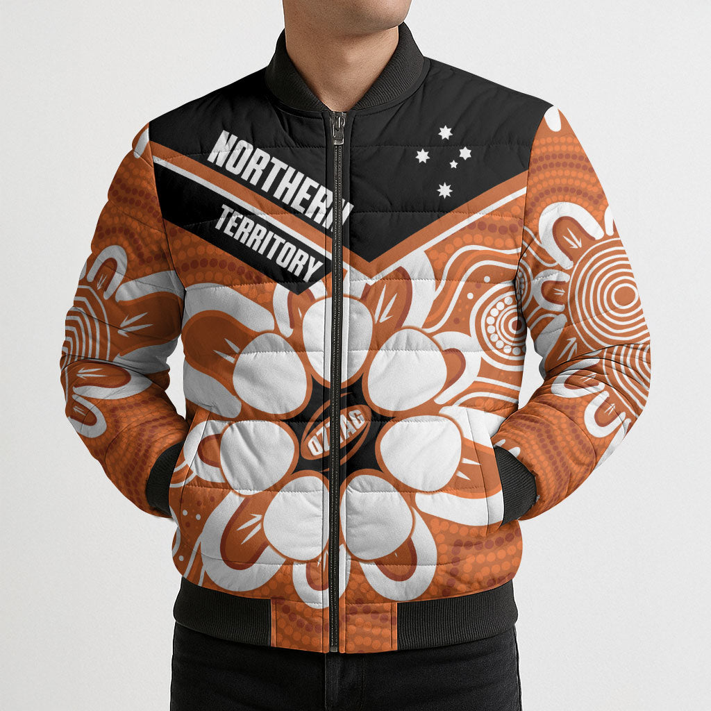 Northern Territory Oztag Custom Bomber Puffer Jacket Seven-Petaled Rose Emblem Indigenous Art