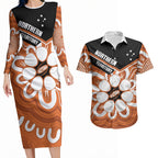 Northern Territory Oztag Custom Couples Matching Long Sleeve Bodycon Dress and Hawaiian Shirt Seven-Petaled Rose Emblem Indigenous Art