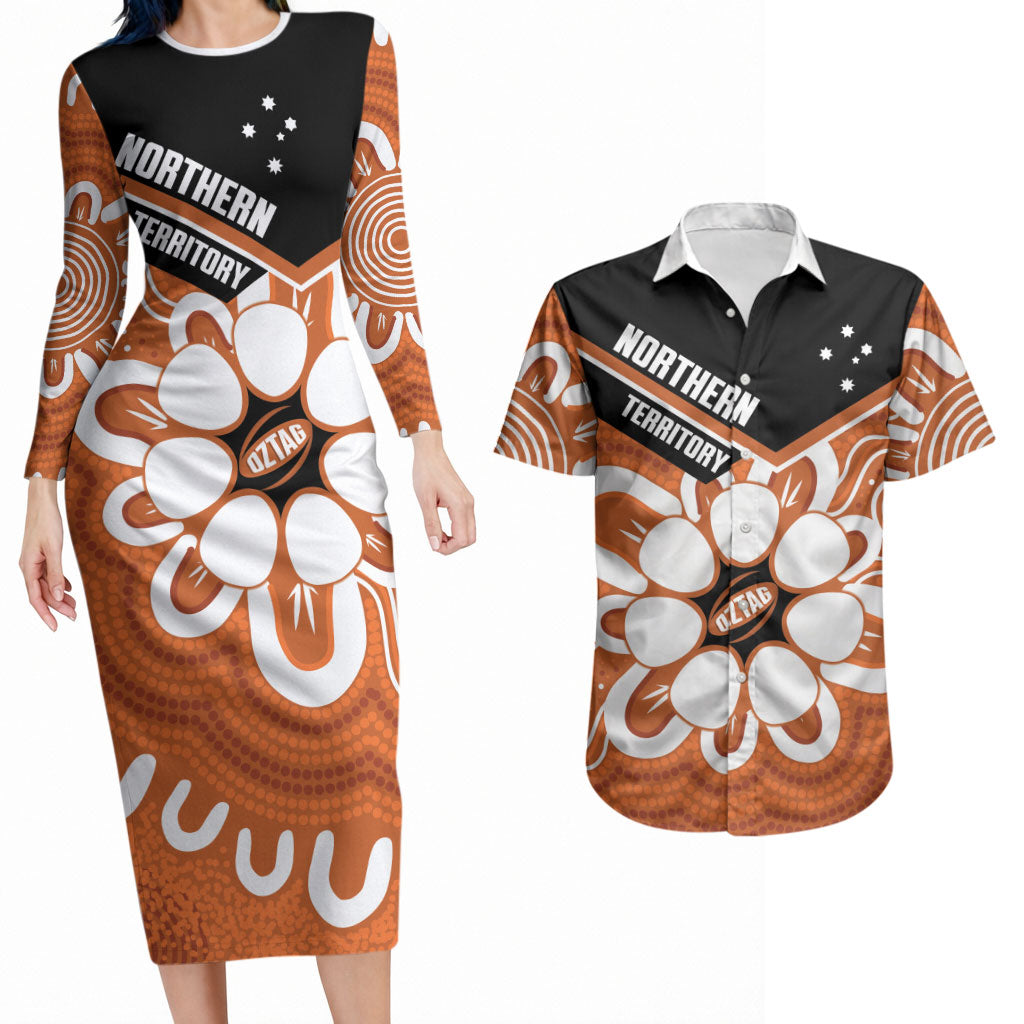 Northern Territory Oztag Custom Couples Matching Long Sleeve Bodycon Dress and Hawaiian Shirt Seven-Petaled Rose Emblem Indigenous Art