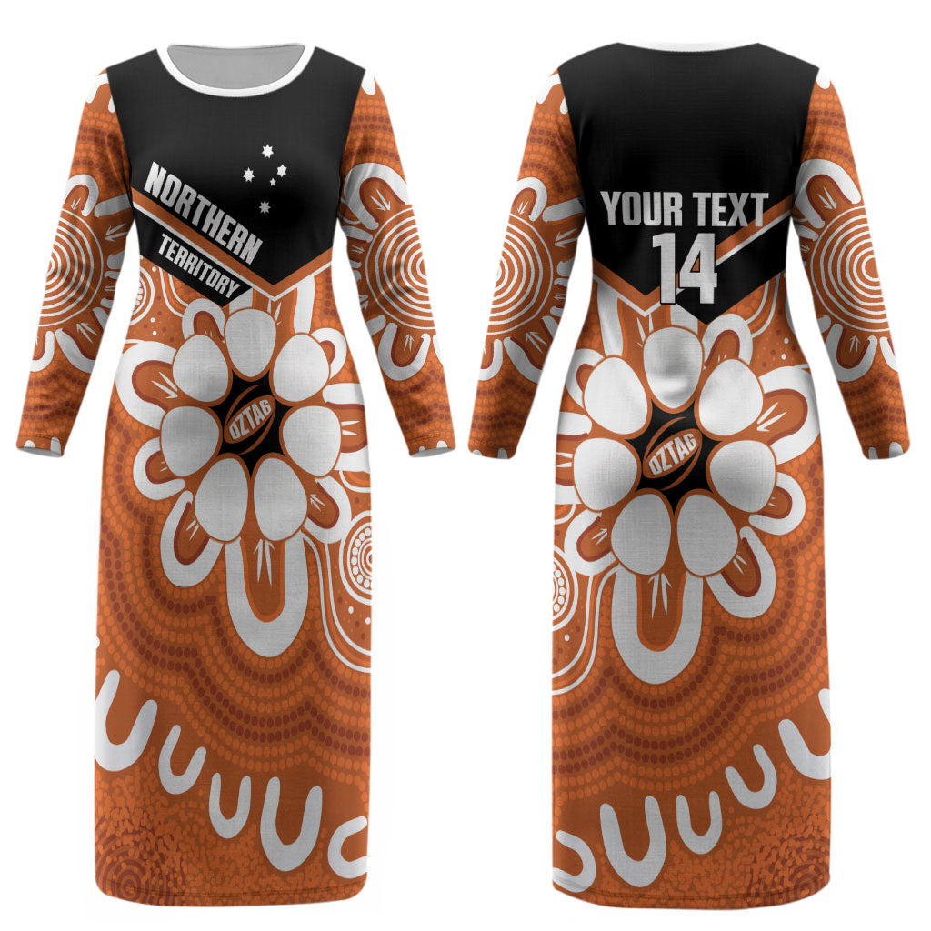 Northern Territory Oztag Custom Couples Matching Long Sleeve Bodycon Dress and Hawaiian Shirt Seven-Petaled Rose Emblem Indigenous Art