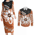 Northern Territory Oztag Custom Couples Matching Long Sleeve Bodycon Dress and Long Sleeve Button Shirt Seven-Petaled Rose Emblem Indigenous Art