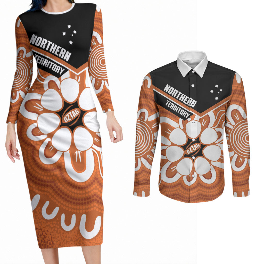 Northern Territory Oztag Custom Couples Matching Long Sleeve Bodycon Dress and Long Sleeve Button Shirt Seven-Petaled Rose Emblem Indigenous Art