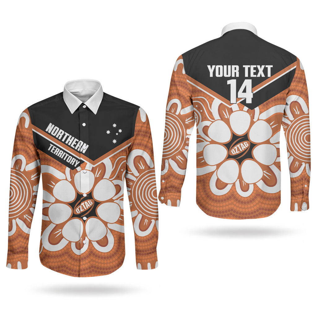 Northern Territory Oztag Custom Couples Matching Long Sleeve Bodycon Dress and Long Sleeve Button Shirt Seven-Petaled Rose Emblem Indigenous Art