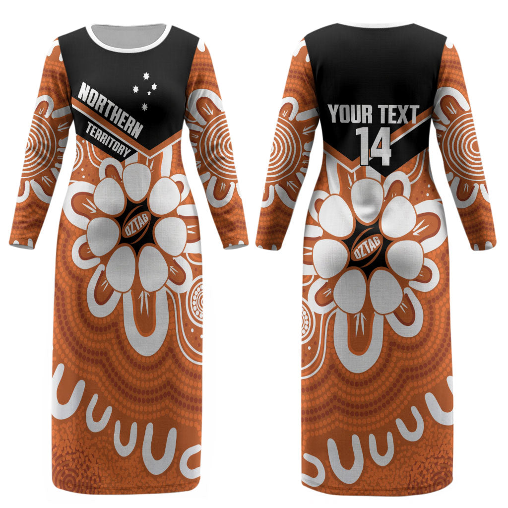 Northern Territory Oztag Custom Couples Matching Long Sleeve Bodycon Dress and Long Sleeve Button Shirt Seven-Petaled Rose Emblem Indigenous Art