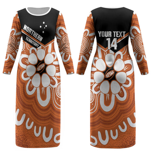 Northern Territory Oztag Custom Couples Matching Long Sleeve Bodycon Dress and Long Sleeve Button Shirt Seven-Petaled Rose Emblem Indigenous Art